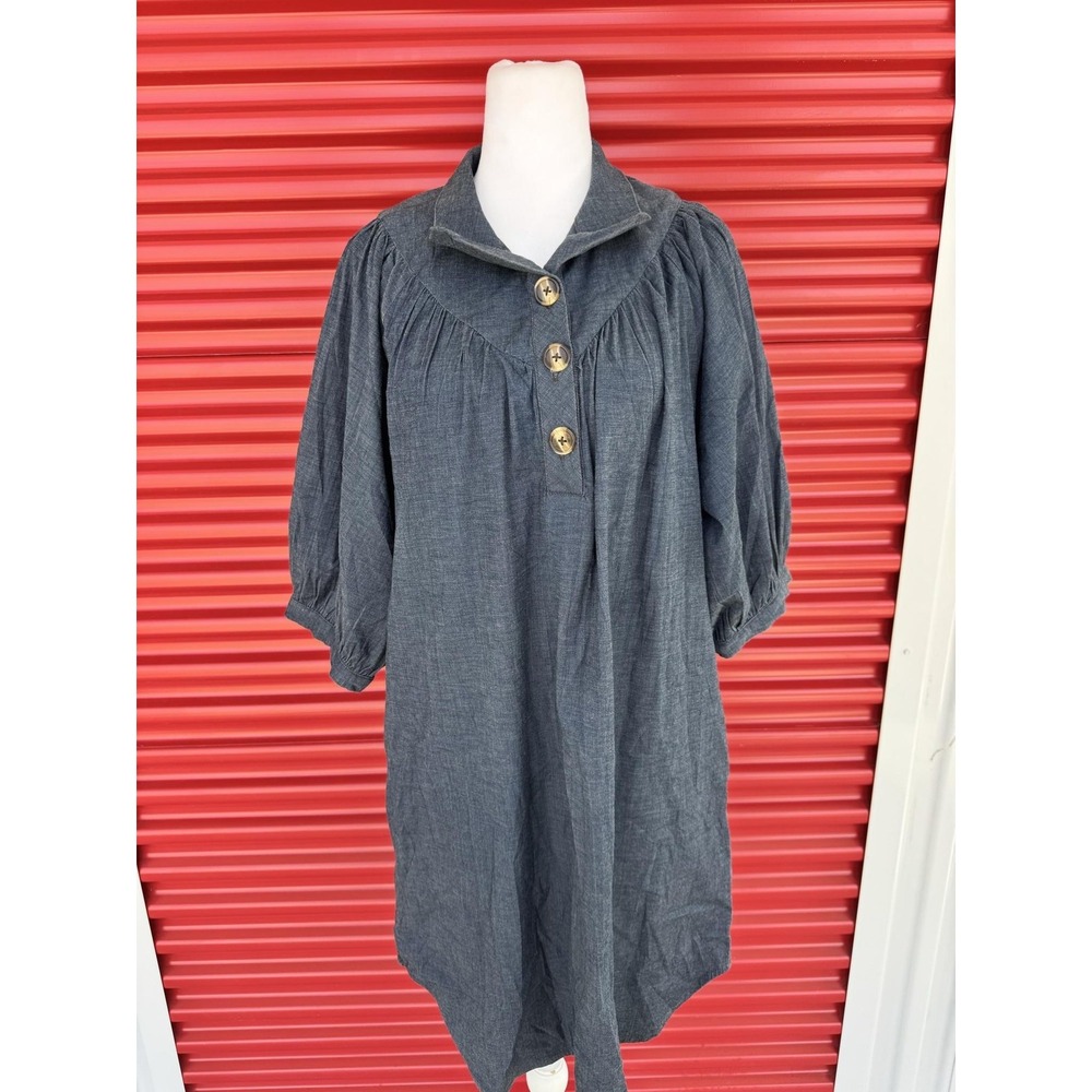 Holly Shae Shirt Dress Womens M/L Blue Chambray 3/4 Puff Sleeve Collared Casual